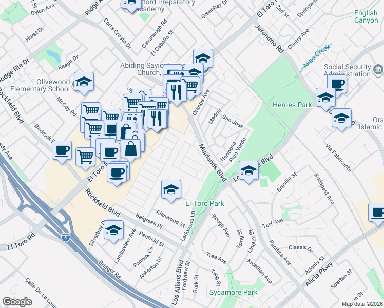 map of restaurants, bars, coffee shops, grocery stores, and more near 132 Muppet Way in Lake Forest