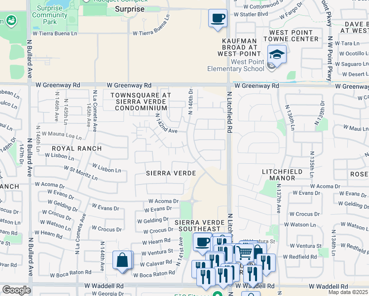 map of restaurants, bars, coffee shops, grocery stores, and more near 14038 West Country Gables Drive in Surprise