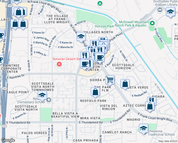 map of restaurants, bars, coffee shops, grocery stores, and more near 14692 North Frank Lloyd Wright Boulevard in Scottsdale
