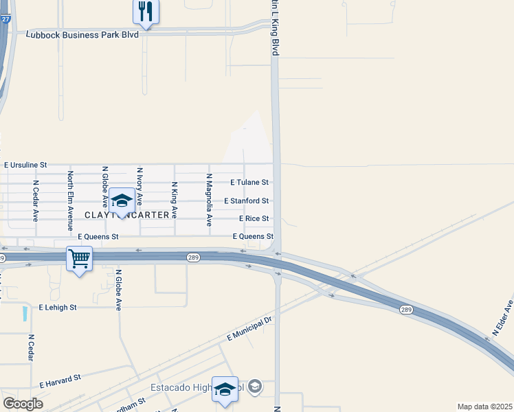 map of restaurants, bars, coffee shops, grocery stores, and more near 1501 East Stanford Street in Lubbock