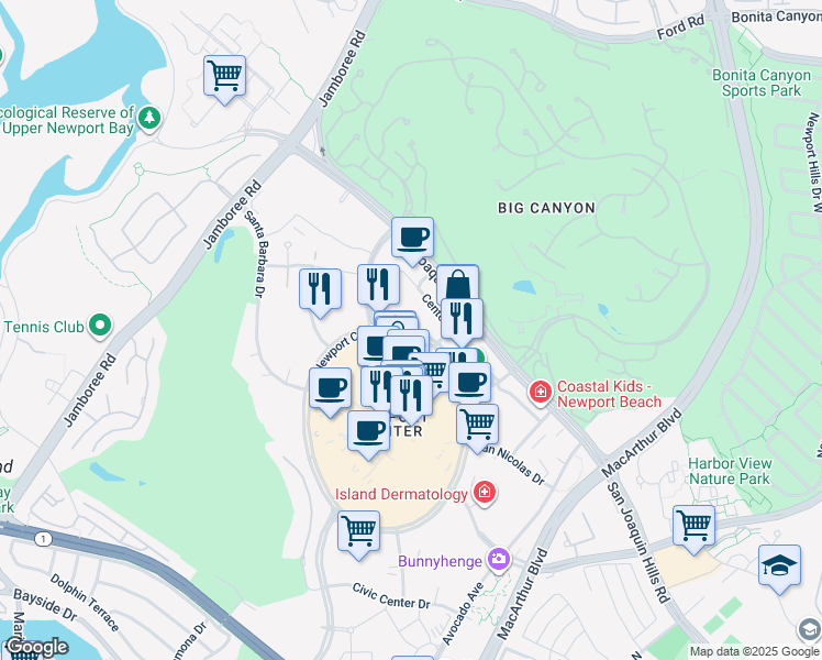 map of restaurants, bars, coffee shops, grocery stores, and more near 650 Newport Center Drive in Newport Beach