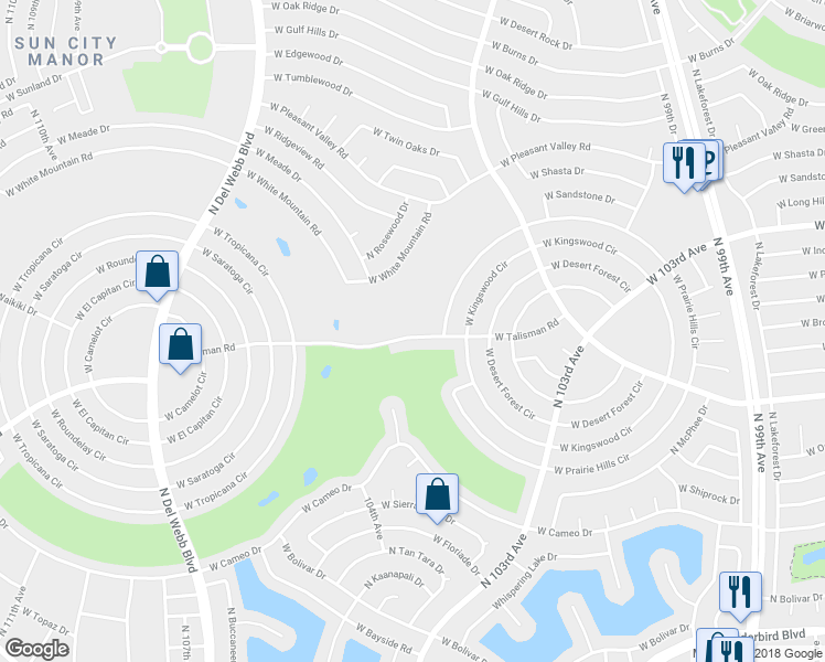 map of restaurants, bars, coffee shops, grocery stores, and more near 10348 West Talisman Road in Sun City