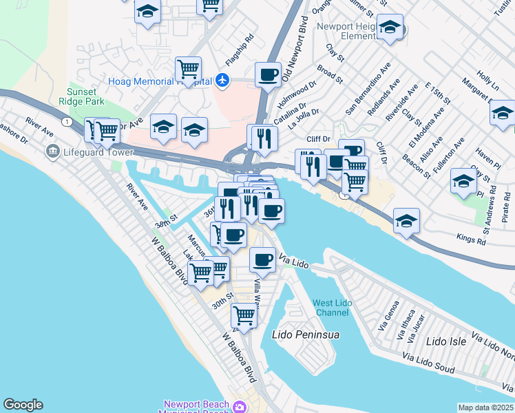 map of restaurants, bars, coffee shops, grocery stores, and more near 3446 Via Oporto in Newport Beach