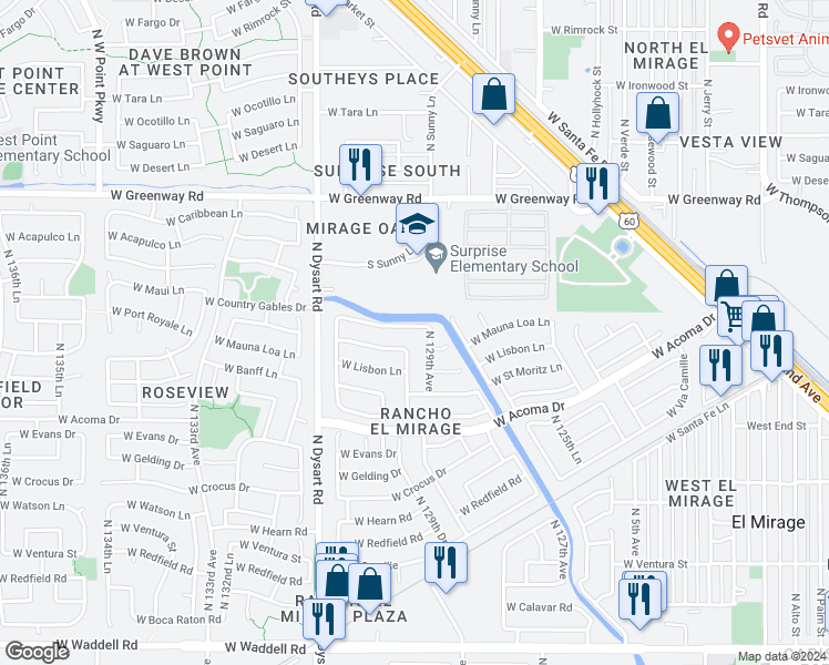 map of restaurants, bars, coffee shops, grocery stores, and more near 12919 West Port Royale Lane in El Mirage