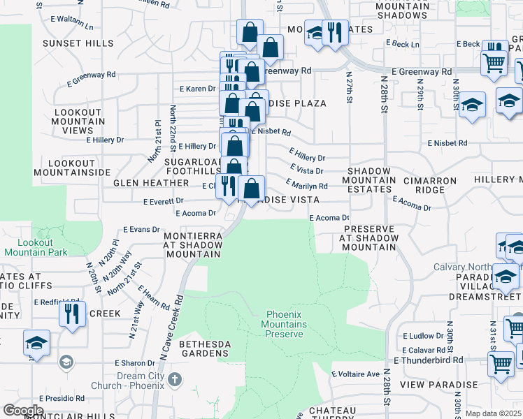 map of restaurants, bars, coffee shops, grocery stores, and more near 14619 North 24th Place in Phoenix
