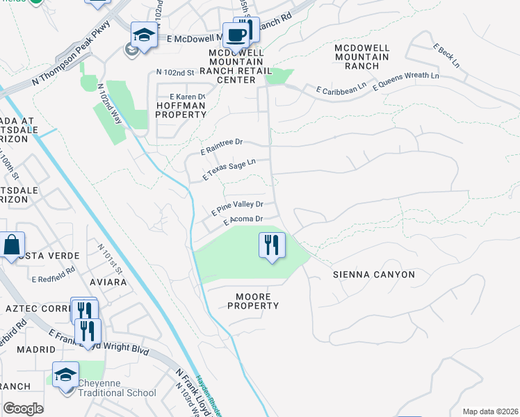 map of restaurants, bars, coffee shops, grocery stores, and more near 10488 East Pine Valley Drive in Scottsdale