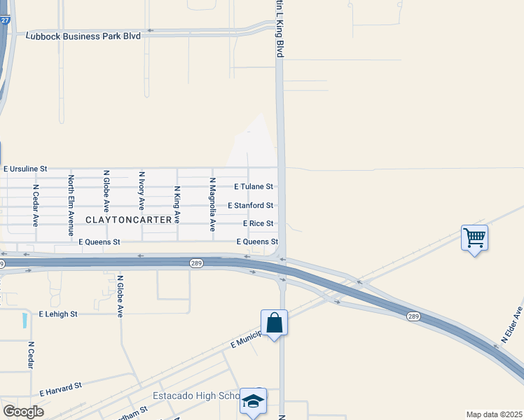 map of restaurants, bars, coffee shops, grocery stores, and more near 1501 East Stanford Street in Lubbock