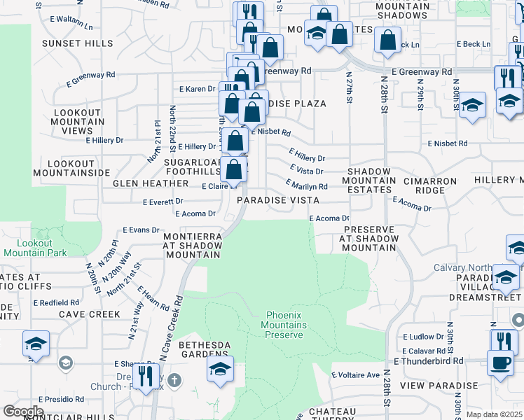 map of restaurants, bars, coffee shops, grocery stores, and more near 14619 North 24th Place in Phoenix