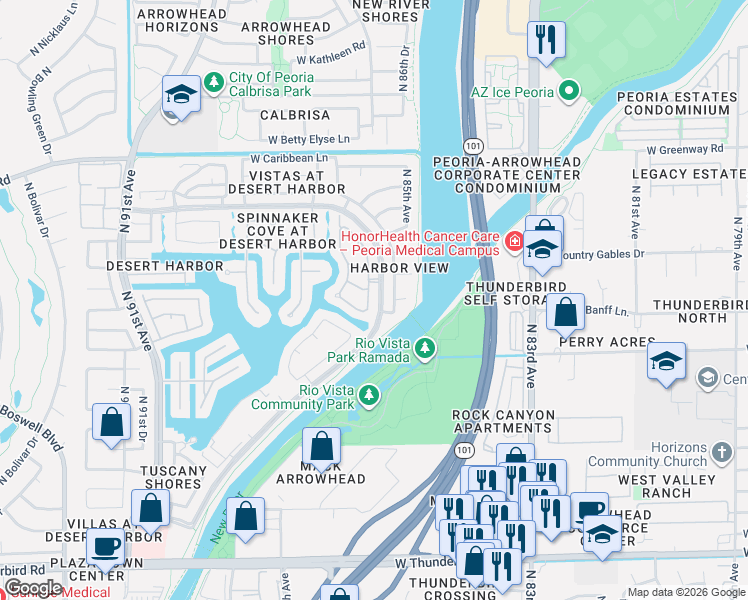 map of restaurants, bars, coffee shops, grocery stores, and more near 8643 West Country Gables Drive in Peoria