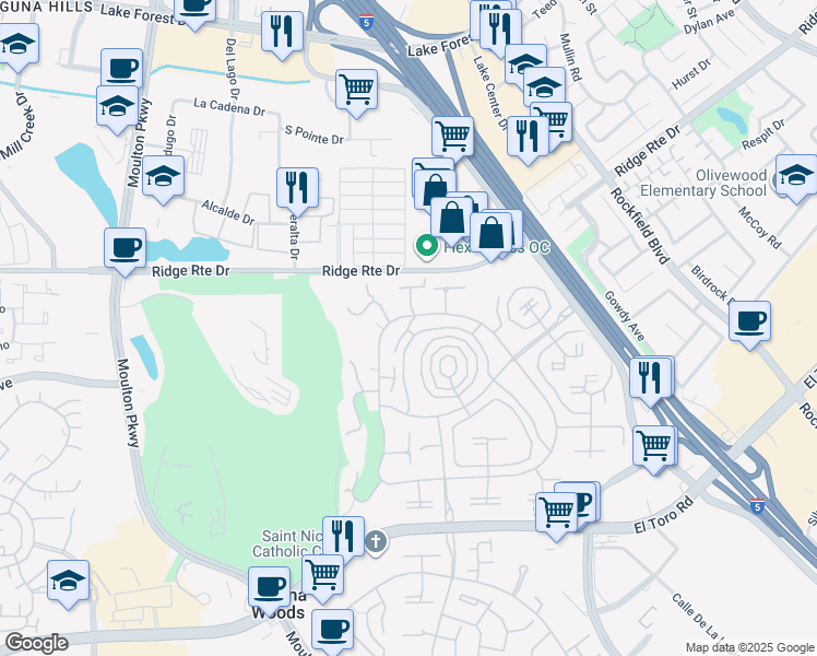 map of restaurants, bars, coffee shops, grocery stores, and more near 2280 Via Mariposa West in Laguna Woods