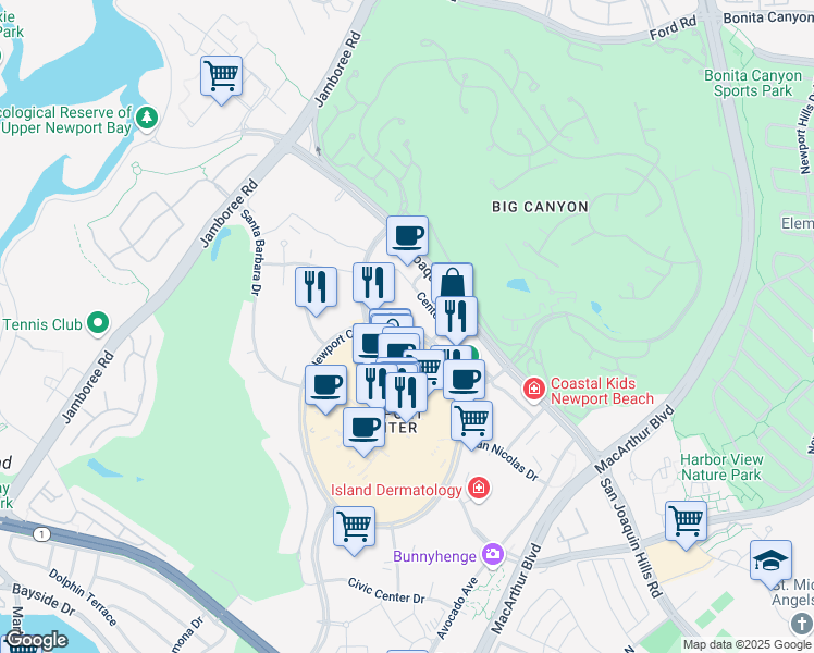 map of restaurants, bars, coffee shops, grocery stores, and more near 630 Newport Center Dr in Newport Beach