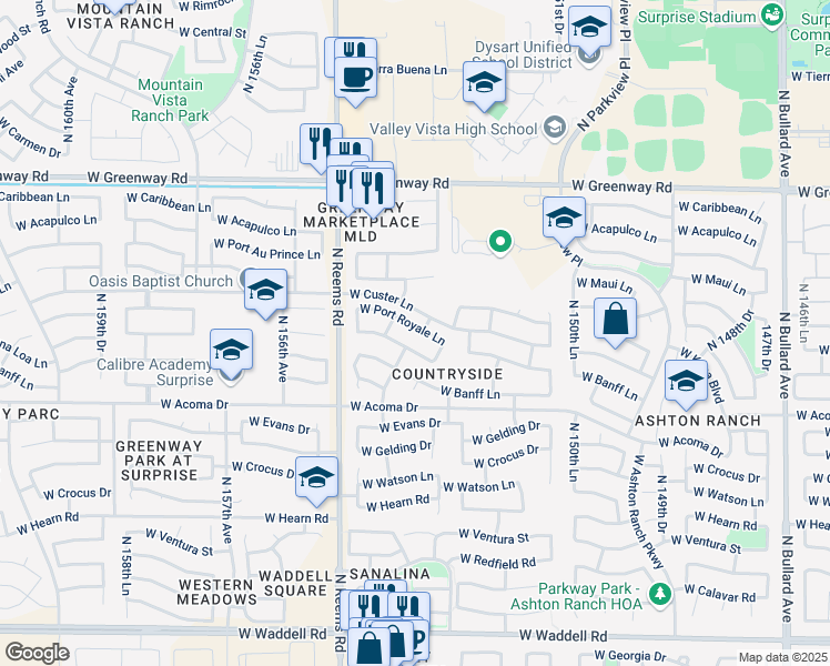 map of restaurants, bars, coffee shops, grocery stores, and more near 15352 West Port Royale Lane in Surprise