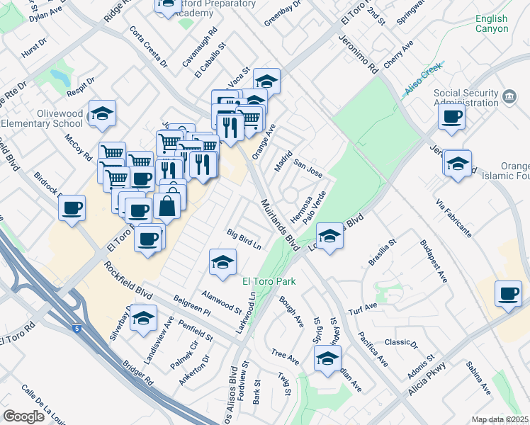 map of restaurants, bars, coffee shops, grocery stores, and more near 24922 Muirlands Boulevard in Lake Forest
