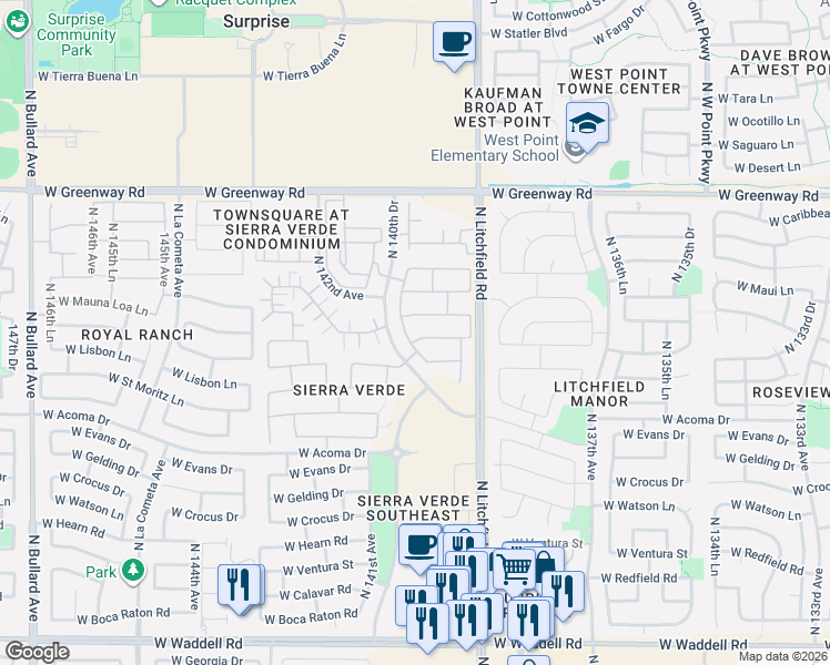 map of restaurants, bars, coffee shops, grocery stores, and more near 13993 West Port Royale Lane in Surprise