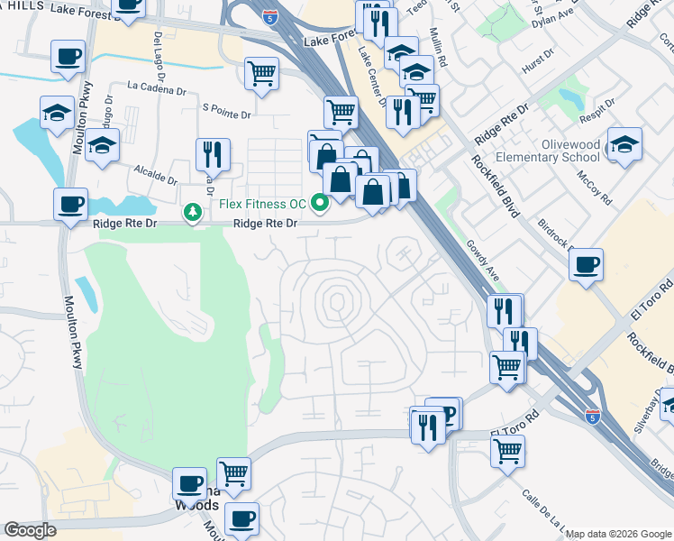 map of restaurants, bars, coffee shops, grocery stores, and more near 2276 Via Mariposa East in Laguna Woods