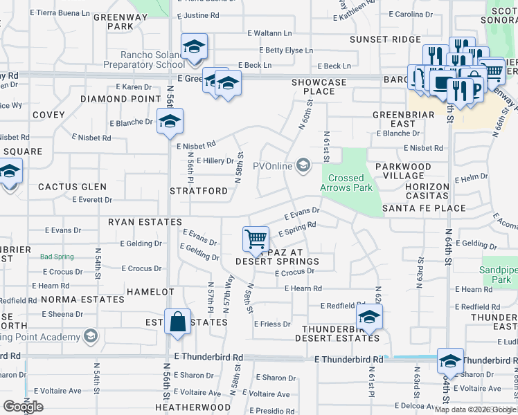 map of restaurants, bars, coffee shops, grocery stores, and more near 5815 East Everett Drive in Scottsdale