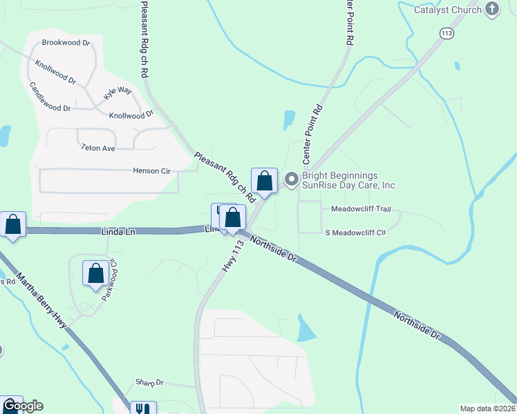 map of restaurants, bars, coffee shops, grocery stores, and more near 549 Georgia 113 in Carrollton