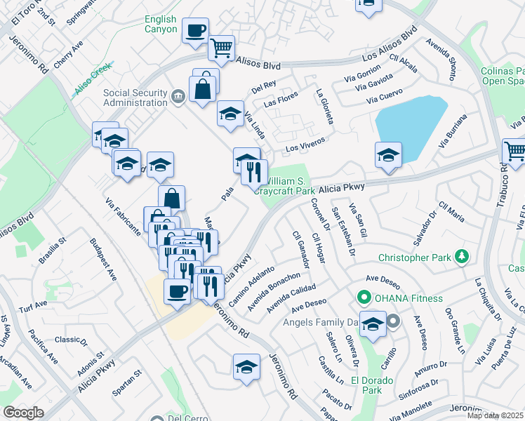 map of restaurants, bars, coffee shops, grocery stores, and more near 23691 Via Linda in Mission Viejo