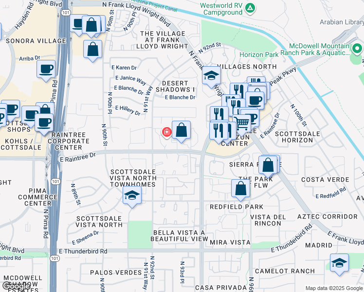 map of restaurants, bars, coffee shops, grocery stores, and more near 9336 East Raintree Drive in Scottsdale