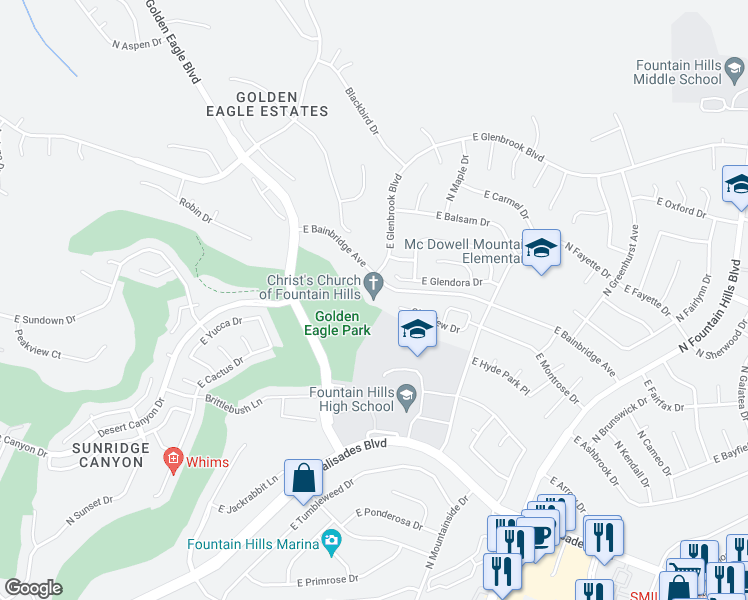 map of restaurants, bars, coffee shops, grocery stores, and more near 15555 East Bainbridge Avenue in Fountain Hills