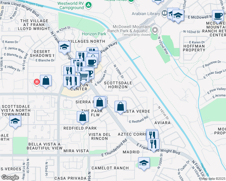 map of restaurants, bars, coffee shops, grocery stores, and more near 14636 North 98th Street in Scottsdale