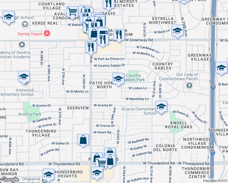 map of restaurants, bars, coffee shops, grocery stores, and more near 3333 West Banff Lane in Phoenix