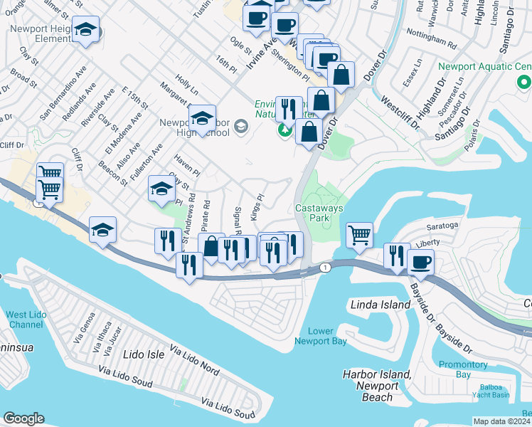 map of restaurants, bars, coffee shops, grocery stores, and more near 411 East 15th Street in Newport Beach