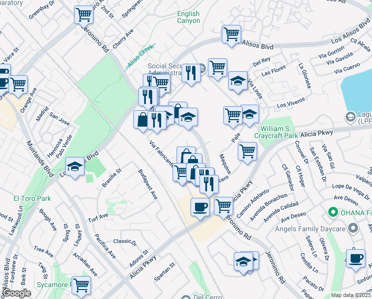 map of restaurants, bars, coffee shops, grocery stores, and more near 25761 Obrero Drive in Mission Viejo