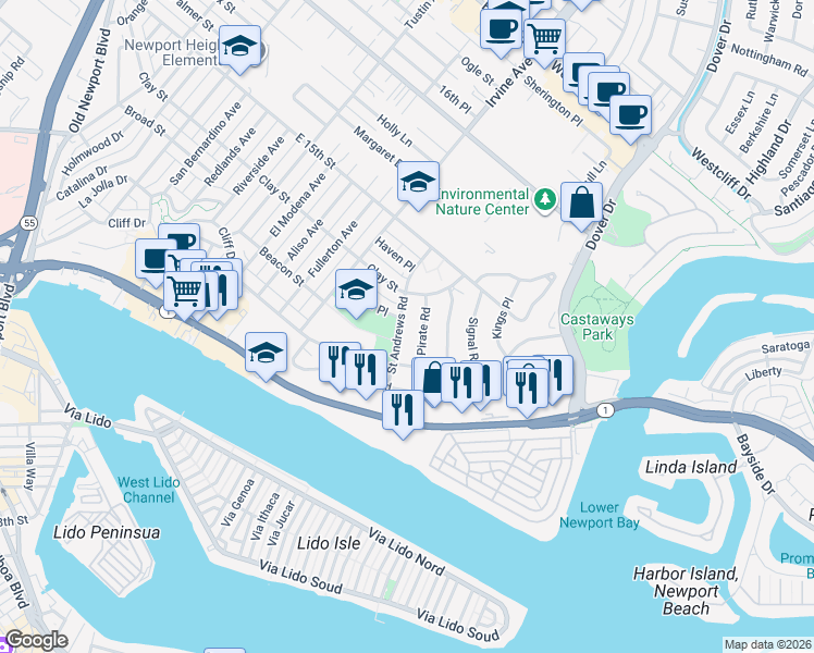 map of restaurants, bars, coffee shops, grocery stores, and more near 415 Pirate Road in Newport Beach