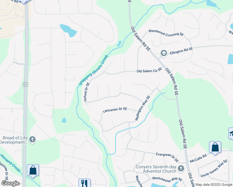 map of restaurants, bars, coffee shops, grocery stores, and more near 1180 Oxford Drive Southeast in Conyers