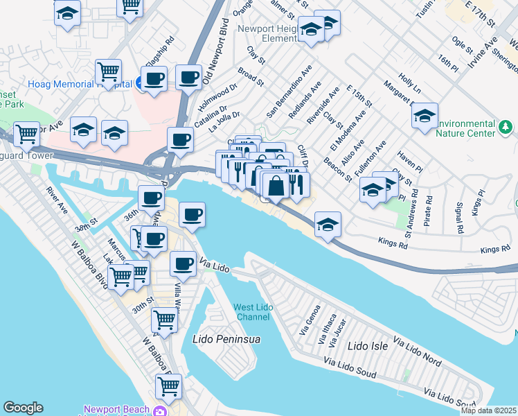 map of restaurants, bars, coffee shops, grocery stores, and more near in Newport Beach