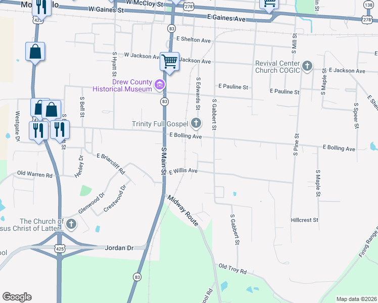 map of restaurants, bars, coffee shops, grocery stores, and more near 110 Luther Circle in Monticello