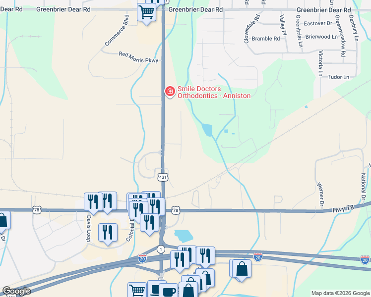 map of restaurants, bars, coffee shops, grocery stores, and more near 1914 Mae Road in Anniston