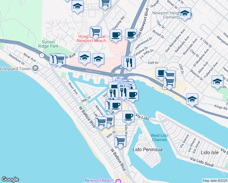 map of restaurants, bars, coffee shops, grocery stores, and more near in Newport Beach