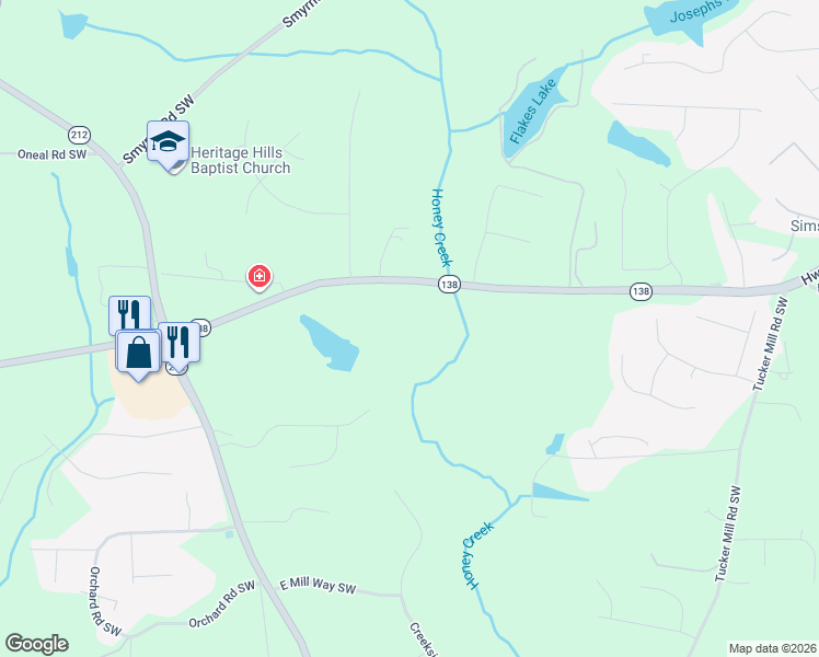 map of restaurants, bars, coffee shops, grocery stores, and more near 2630 Georgia 138 in Conyers