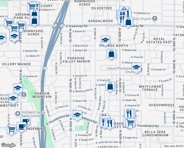 map of restaurants, bars, coffee shops, grocery stores, and more near 3750 East Acoma Drive in Phoenix