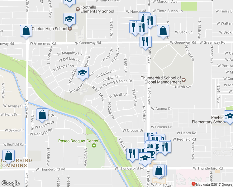 map of restaurants, bars, coffee shops, grocery stores, and more near 14825 North 61st Drive in Glendale