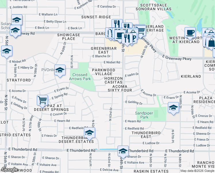 map of restaurants, bars, coffee shops, grocery stores, and more near 14620 North 63rd Street in Scottsdale