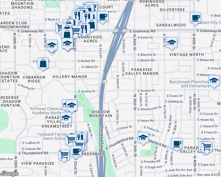 map of restaurants, bars, coffee shops, grocery stores, and more near 3429 East Everett Drive in Phoenix
