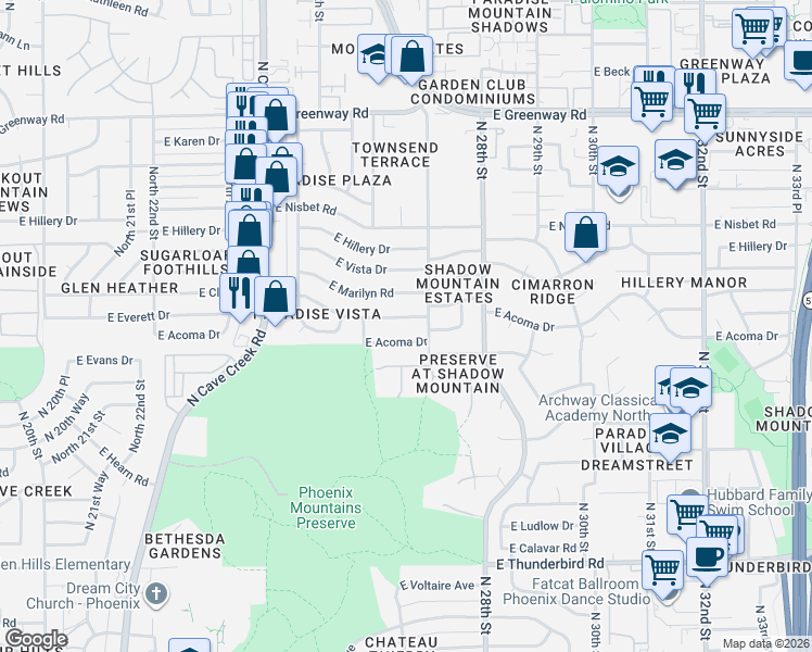 map of restaurants, bars, coffee shops, grocery stores, and more near 2645 East Claire Drive in Phoenix