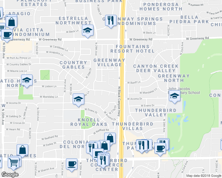 map of restaurants, bars, coffee shops, grocery stores, and more near 14830 North Black Canyon Highway in Phoenix