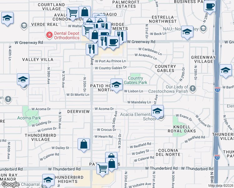 map of restaurants, bars, coffee shops, grocery stores, and more near 3333 North 33rd Avenue in Phoenix