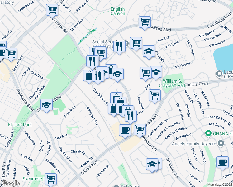 map of restaurants, bars, coffee shops, grocery stores, and more near 25761 Obrero Drive in Mission Viejo
