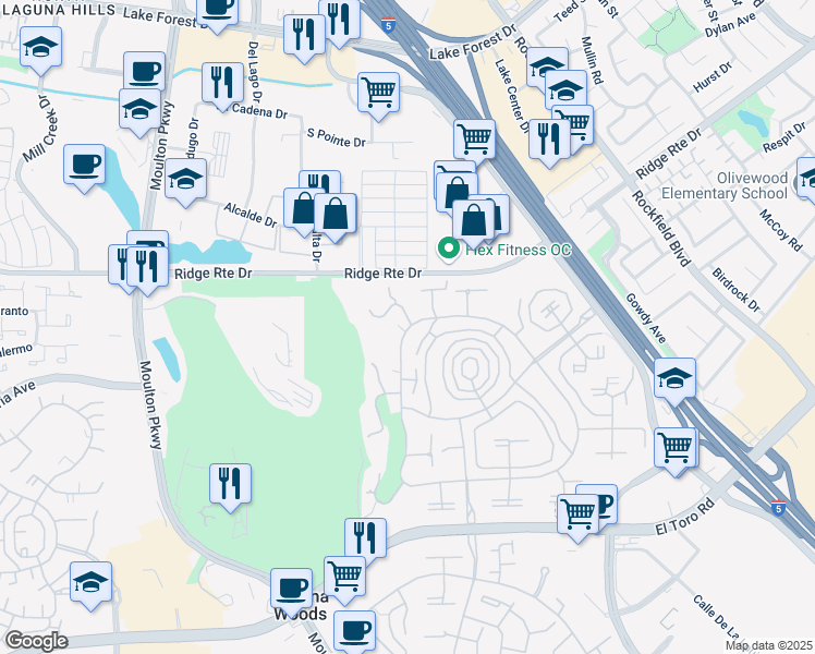 map of restaurants, bars, coffee shops, grocery stores, and more near 2402 Via Mariposa West in Laguna Woods