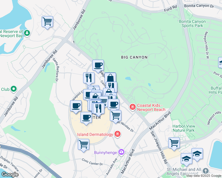map of restaurants, bars, coffee shops, grocery stores, and more near 620 Newport Center Drive in Newport Beach