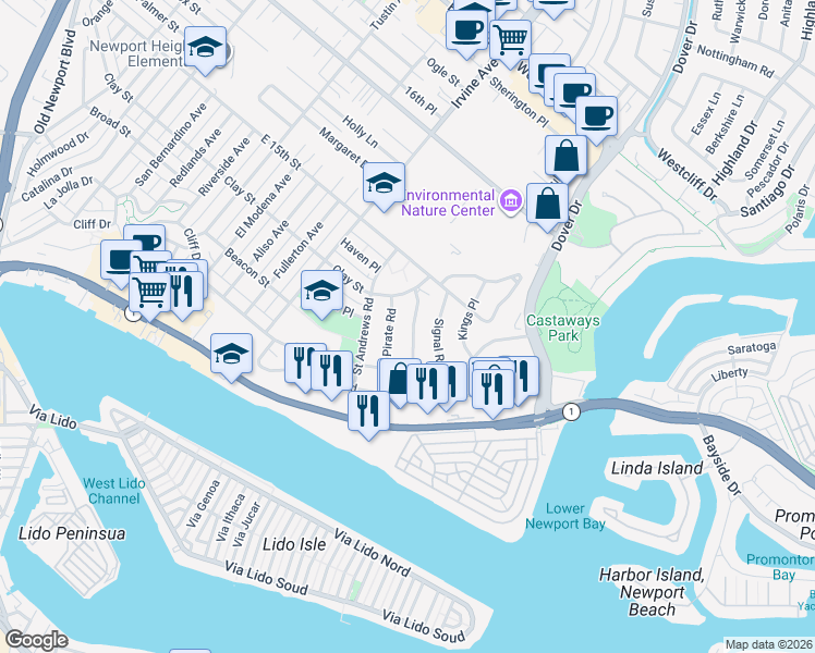 map of restaurants, bars, coffee shops, grocery stores, and more near 406 Snug Harbor Road in Newport Beach