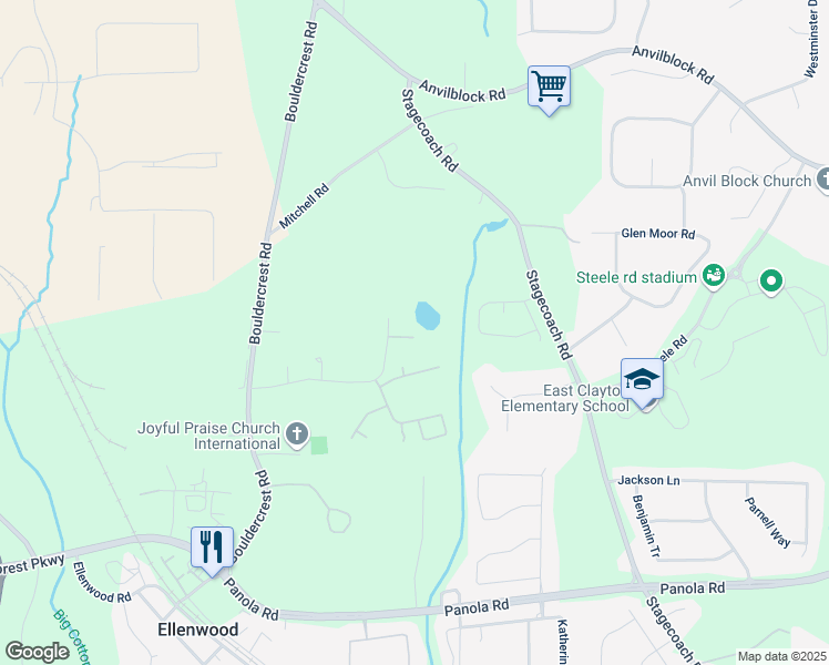 map of restaurants, bars, coffee shops, grocery stores, and more near 3368 Bonnes Court in Ellenwood