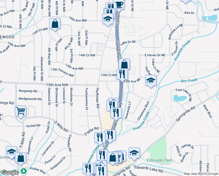 map of restaurants, bars, coffee shops, grocery stores, and more near 1281 Hiawatha Drive Northeast in Birmingham