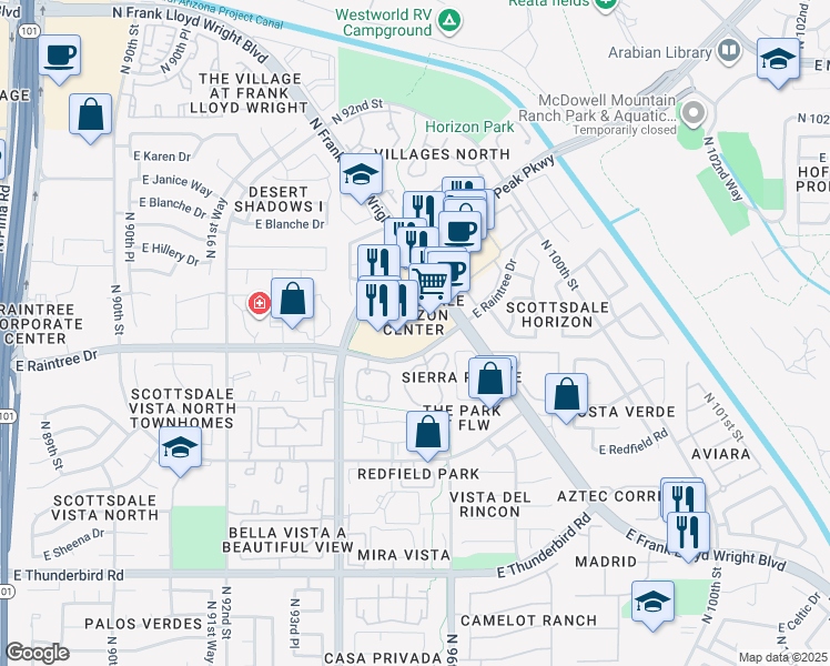 map of restaurants, bars, coffee shops, grocery stores, and more near 14692 North Frank Lloyd Wright Boulevard in Scottsdale