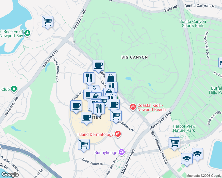 map of restaurants, bars, coffee shops, grocery stores, and more near 620 Newport Center Drive in Newport Beach